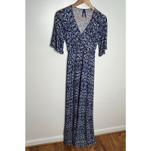 Seraphine Maternity Maxi Dress XS Blue White Floral V-Neck Short Sleeve Boho - Picture 3 of 8